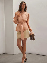 Women Elegant Lantern Long Sleeve Coral/Salmon Orange Business Casual Work Blouse With Belt For Daily Commute FAll